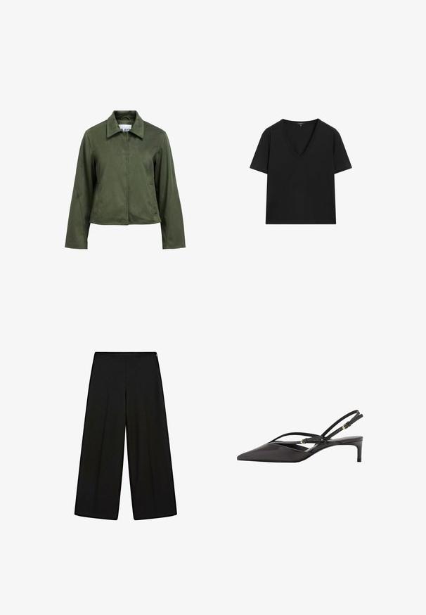 Giacca cropped in verde oliva, con texture in suede, maniche lunghe, zip frontale, colletto e tasche laterali.; Maglietta nera a maniche corte con scollo a V, dal design semplice e aderente, su sfondo bianco.; Pantaloni neri a gamba larga realizzati in tessuto morbido, con vita alta e pieghe, caratterizzati da una texture liscia e senza decorazioni visibili.; Pump slingback nera in pelle con punta affusolata, sottili cinturini alla caviglia e tacco a stiletto basso. Texture liscia con design minimalista.