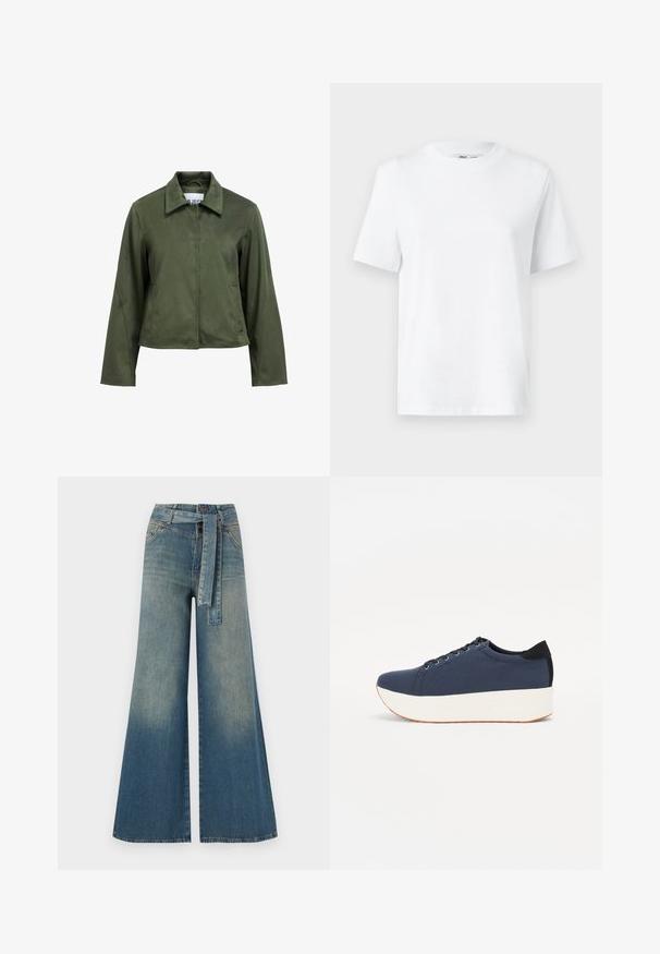 Kähva roheline, sametise tekstuuriga lühioge, millel on pikad varrukad, esine tõmblukk, krae ja küljetaskud.; Valge puuvillane ümarakaelusega T-särk, millel on lühikesed varrukad ja sile tekstuur. Kujundatud mugava ja mitmekesise istuvuse jaoks.; Laiad denimpüksid, millel on hele tume sinine gradiendiefekt, kõrge vöökoht, vöökumlid ja sobivast kangast vöö. Struktureeritud denimi viimistlus.; Tumedat sinised tennised tekstureeritud riidest pealispinnaga, valge platvormi tallaga, ümarate varvaste ja musta kontsapaneeliga. Omab kuut silma paelte jaoks.