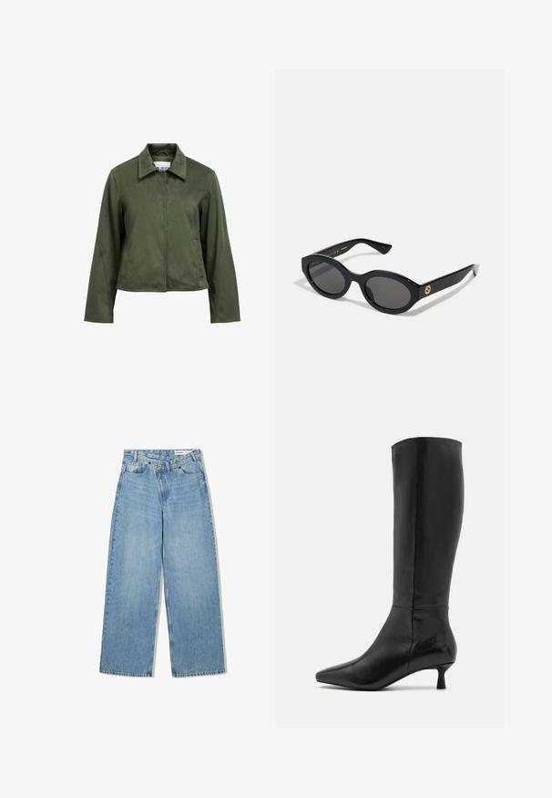 Olive green, suede-textured cropped jacket with long sleeves, front zipper, collar, and side pockets.; Plain white long-sleeve shirt, crew neck, shown from the back, laid flat on a white background.; Light blue wide-leg jeans made of denim, featuring a high waist, five pockets, button closure, and subtle fading for texture.; Zign Boots - black; Black oval sunglasses with dark lenses and glossy plastic frame. Features gold logo on the temple, offering a sleek and modern design.