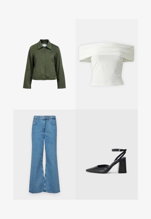 Olivengrønn, semsket tekstur, kort jakke med lange ermer, glidelås foran, krage og sidelommer.; Off-shoulder hvit topp med plisserte, strukturerte ermer og tettsittende liv. Laget av mykt stoff med en jevn tekstur.; Lyseblå vide jeans laget av denim, med høyt liv, fem lommer og en enkelt knappelukking. Myk tekstur med falmet finish.; Svart lær pumps med spiss tå, ankelrem og kraftig hæl. Flat tekstur, strømlinjeformet design og minimalisme.