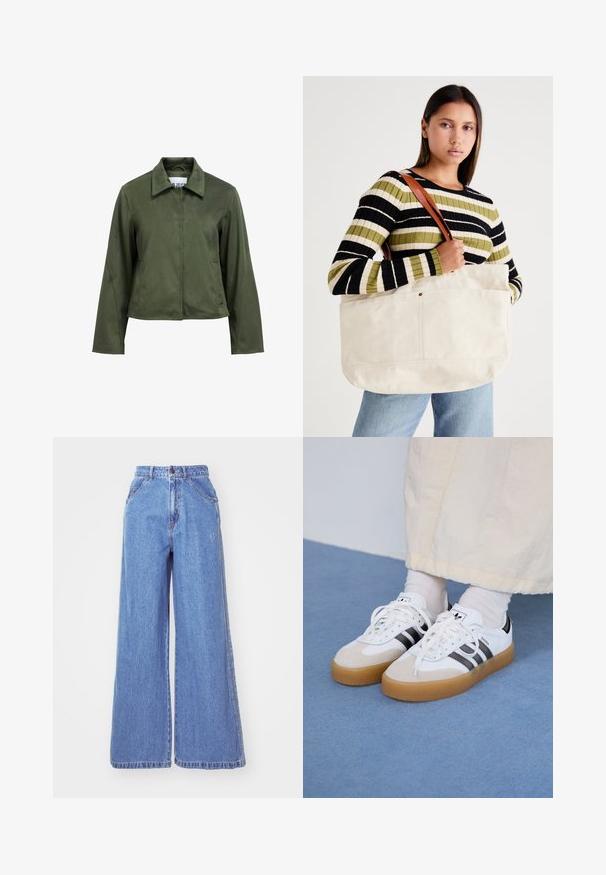 Olijfgroene, suède-achtige cropped jack met lange mouwen, een ritssluitingen aan de voorkant, een kraag en zijzakken.; Witte katoenen t-shirt met een grafisch ontwerp van een zon, palmbomen en water. "ADIDAS Sports Club" gedrukt in groen en geel.; adidas Originals Straight leg jeans - light denim; Witte sneakers met zwarte strepen en beige suède accenten. Voorzien van een gestructureerde gumzool en platte witte veters, gedragen met lichtgekleurde sokken.; Grote beige canvas draagtasje met bruine leren hengsels, met een minimalistisch ontwerp en zichtbare stikaccenten.