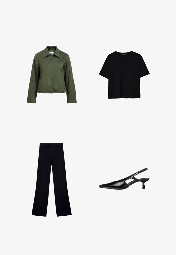 Olive green, suede-textured cropped jacket with long sleeves, front zipper, collar, and side pockets.; Black short-sleeve t-shirt made of cotton. Features a round neck and a loose fit with a smooth, plain texture. No visible patterns or accents.; Black wide-leg pants made of smooth fabric with an elastic waistband, featuring a full-length cut and no visible patterns or accents.; Black patent leather slingback heels with a pointed toe, cut-out side design, and a small square heel. Smooth texture with minimal accents.