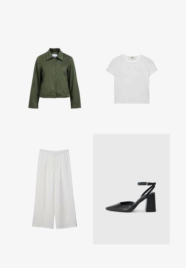 Olivgrüne, samtartige verkürzte Jacke mit langen Ärmeln, vorderem Reißverschluss, Kragen und Seitentaschen.; Weißes T-Shirt mit kurzen Ärmeln und Rundhalsausschnitt, aus weicher Baumwolle gefertigt, mit einem schlichten, sauberen Design ohne sichtbare Muster oder Akzente.; Weiße, weit geschnittene Hosen aus leichtem Stoff, mit einem elastischen Bund und einem Zugband für eine verstellbare Passform. Glatte Textur.; Schwarze Leder-Pumps mit spitzer Zehe, einem Knöchelriemen und einem blockigen Absatz. Flache Textur, elegantes Design und minimalistische Ästhetik.