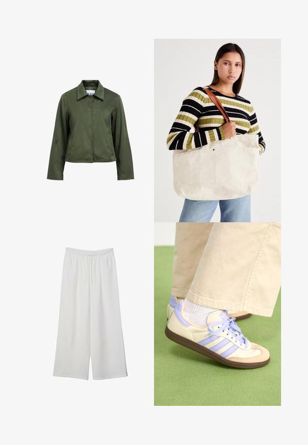 Olijfgroene, suède-achtige cropped jack met lange mouwen, een ritssluitingen aan de voorkant, een kraag en zijzakken.; Witte T-shirt met korte mouwen in een relaxte pasvorm en gerimpelde textuur bij de taille. Gemaakt van zachte, lichtgewicht stof.; Witte wijde broek van lichtgewicht stof, met een elastische tailleband en een trekkoord voor een verstelbare pasvorm. Glad texture.; Crème- en lavendel-sneakers met drie strepen en een gestructureerde bruine zool, voorzien van veters en een gewatteerde hiel. Zachte stoffen bovenkant.; Grote beige canvas draagtasje met bruine leren hengsels, met een minimalistisch ontwerp en zichtbare stikaccenten.