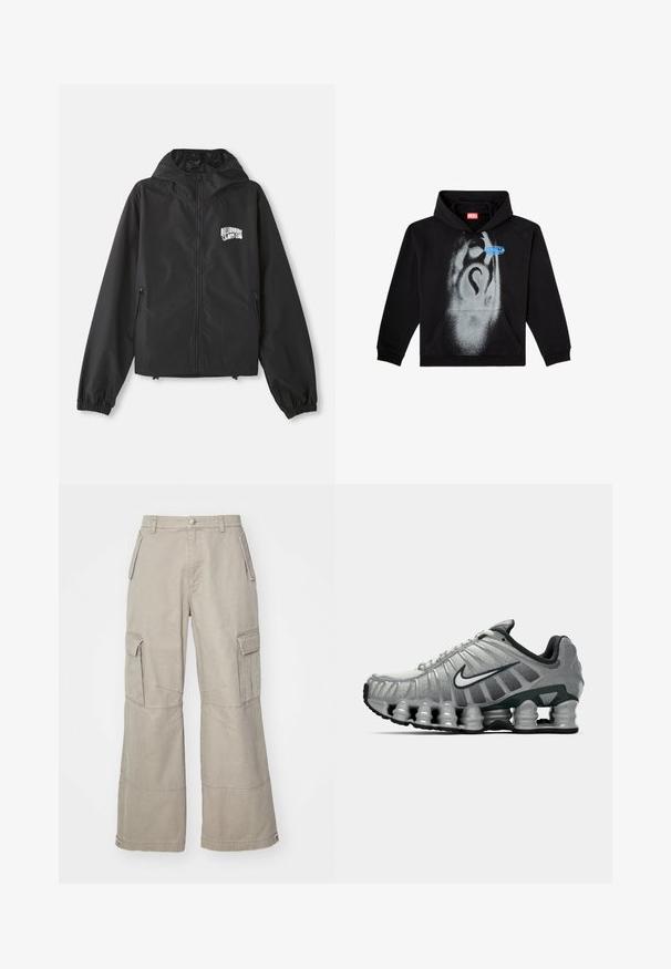 Svart lättviktsjacka med huva, långa ärmar, framficka med dragkedja och elastiska ärmslut. Har en vit "Billionaire Boys Club"-logotyp på bröstet.; Svart hoodie i bomull. Har en framficka, snörmgränd samt en grå sprayfärgsdesign med en blå etikettaccent.; Kakifärgade cargo-byxor i bomullsmix, med vida ben, flera sidofickor och subtila sömnadsdetaljer.; Grå och svart Nike löparskor med synlig fjädrande dämpning under sulan och en vit swoosh-logotyp på sidan.