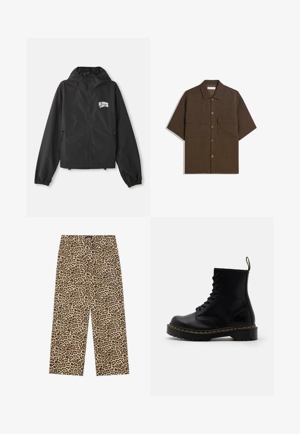 Černá lehká bunda s kapucí, dlouhými rukávy, předním zipem a elastickými manžetami. Na hrudi se nachází bílé logo "Billionaire Boys Club".; Krátký rukáv, tmavě hnědá košile z texturované látky. Má zapínání na knoflíky a dvě náprsní kapsy. Ležérní design s uvolněným střihem.; YOURTURN UNISEX - Džíny Relaxed Fit - beige/black; Černé kožené kotníkové boty s šněrováním vpředu, žlutým prošíváním, zaoblenou špičkou a silnou, textured gumovou podrážkou.