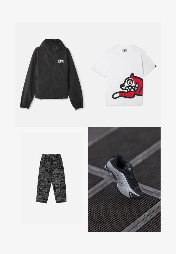 Svart lättviktsjacka med huva, långa ärmar, framficka med dragkedja och elastiska ärmslut. Har en vit "Billionaire Boys Club"-logotyp på bröstet.; Vit bomullströja med en stor röd och svart grafik av en tecknad katt med överdrivna ögon och tänder, placerad på sidan.; Svarta byxor med ett grafiskt tryck som innehåller olika texter och bilder. Tillverkade av ett lättviktigt material, har de en avslappnad passform och raka ben.; Nike:s träningssko med ett svart och silverdesign. Tillverkad i syntetiskt material med mesh detaljer och en stödjande sula med synlig luftdämpning.