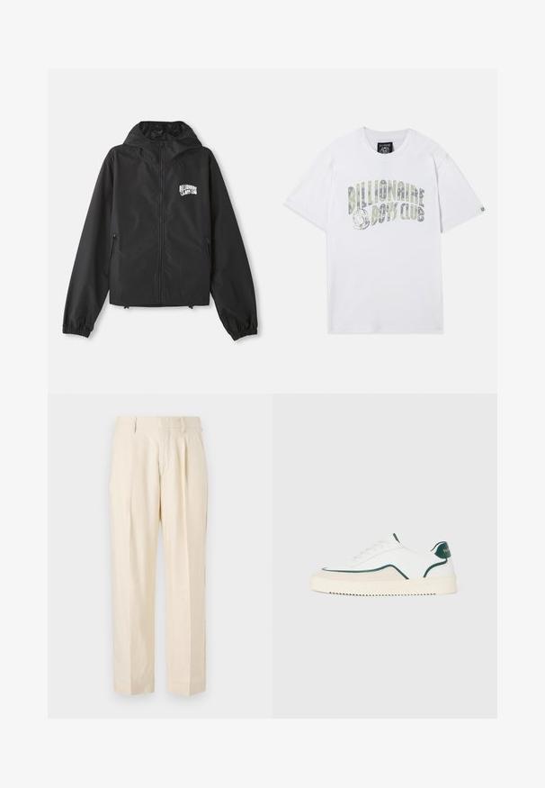 Μαύρο ελαφρύ μπουφάν με κουκούλα, μακριά μανίκια, μπροστινό φερμουάρ και ελαστικούς καρπούς. Διαθέτει λευκό λογότυπο "Billionaire Boys Club" στο στήθος.; Λευκή βαμβακερή κοντομάνικη μπλούζα με κείμενο "Billionaire Boys Club" σε σχεδίαση με βαθμίδωση. Διαθέτει κοντά μανίκια και στρογγυλή λαιμόκοψη.; NN.07 KAY - Παντελόνι - off white; Λευκό χαμηλό σνίκερ με πράσινες λεπτομέρειες, μπεζ σουέτ στοιχεία και κρέμα σόλα με ραβδωτό κάτω μέρος.