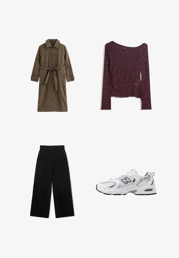 Cappotto checkered marrone e beige con colletto, maniche lunghe e vita con cintura. Realizzato in tessuto testurizzato con dettagli in bottone.; Top in pizzo a maniche lunghe di un profondo bordeaux, con scollatura a spalle scoperte, motivi floreali e una texture leggermente trasparente con orlo dritto.; Jeans neri a gamba larga in denim con vita alta, dotati di un design a cinque tasche e una chiusura con un solo bottone nella parte anteriore.; Scarpa sportiva bianca con tomaia in mesh, dettagli in blu marino e suola imbottita. Presenta il logo "N", lacci e dettaglio texturizzato sul lato.