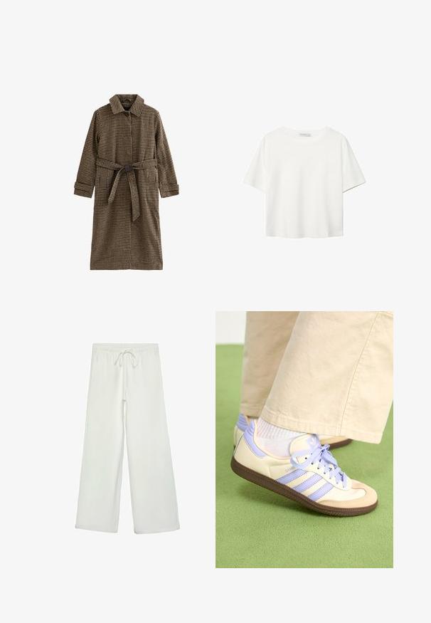 Bruin en tan geblokte jas met een kraag, lange mouwen en een ceintuur in de taille. Gemaakt van textuurstof met knoopdetails.; Witte korte mouwen t-shirt van katoen. Heeft een ronde halslijn en een ontspannen pasvorm. Glad textuur zonder zichtbare patronen of accenten.; Witte wijde broek van zacht materiaal. Heeft een elastische tailleband met een trekkoord en een gladde textuur. Geen zichtbare patronen of hardware.; Crème- en lavendel-sneakers met drie strepen en een gestructureerde bruine zool, voorzien van veters en een gewatteerde hiel. Zachte stoffen bovenkant.
