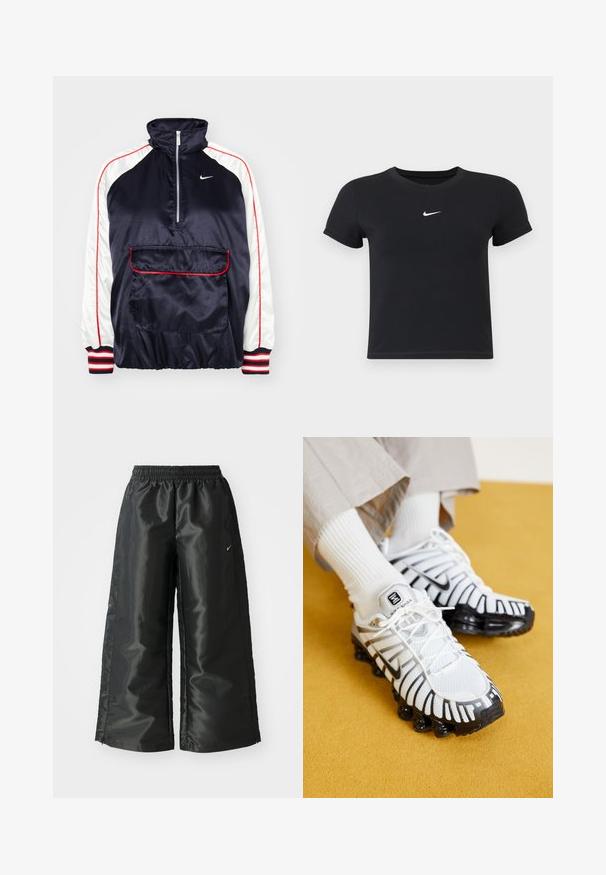 Jūrų mėlynos satino striukė su baltomis rankovėmis, raudonais akcentais, pusiau užtrauktuko apykakle ir priekine kišene. Savybė - juostuotos gumuotos rankogaliai ir logotipas.; Juodas trumpas rankoves marškinėliai, pagaminti iš medvilnės, su apvaliu kaklu. Pasižymi balta Nike logotipu ant krūtinės, minimalistišku dizainu ir prigludusia forma.; Juodi sportiniai džinsai su blizgia, lygaus audinio medžiaga, turintys elastingą juosmenį, plačias kojų dalis ir mažą logotipą kairėje pusėje.; Balti ir balti sportiniai batai su tinklelio viršumi, guminiais padais ir išskirtiniu grioveliu dizainu. Dėvimi su baltais grioveliais kojinėmis.