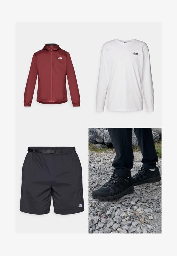 Rode waterdichte jas met een rits aan de voorkant, verstelbare capuchon, elastische manchetten en een merklogo op de linker borst. Glad textuur en lichtgewicht ontwerp.; Witte lange mouwen T-shirt gemaakt van katoen met een ronde hals. Beschikt over een klein zwart logo op de borst. Soepele textuur, normale pasvorm.; Zwarte lichtgewicht shorts met een ontspannen pasvorm, voorzien van een verstelbare riem, zijzakken en het North Face-logo op de onderste rechterpijp.; Zwarte buitenschoenen van mesh en synthetisch materiaal, met een gestructureerd bovenwerk, een beveiligd vetersysteem en een robuuste zool, op een ruig terrein.