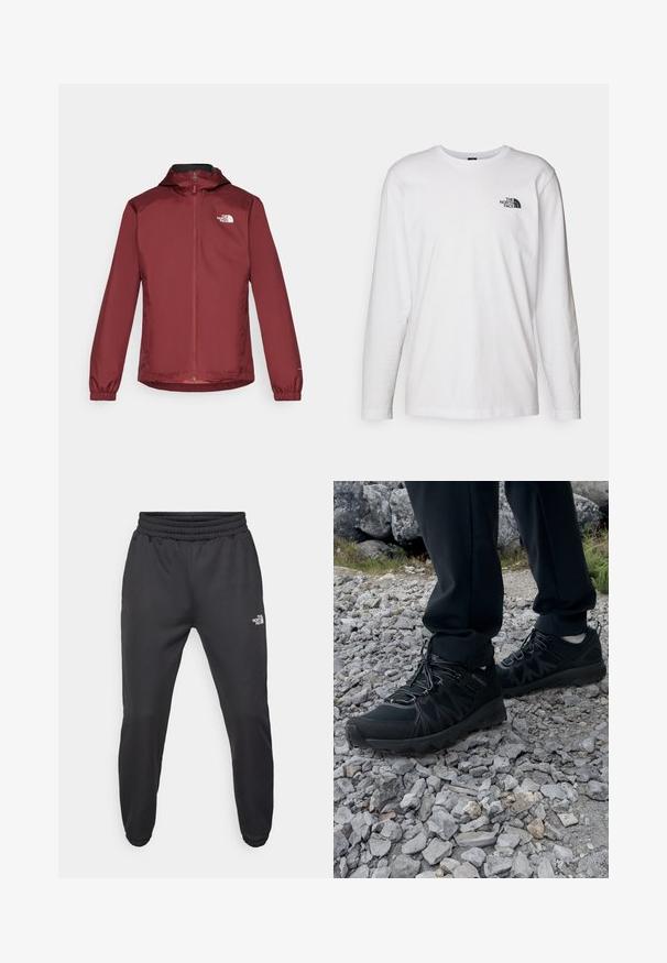 Rød vandtæt jakke med lynlås foran, justerbar hætte, elastiske manchetter og logo på venstre bryst. Glat tekstur og letvægtsdesign.; Hvid langærmet T-shirt lavet af bomuld med rund hals. Har et lille sort logo på brystet. Glat tekstur, almindelig pasform.; Sorte sweatpants med snor i livet, tætsiddende pasform, elastiske manchetter og et lille hvidt logo på venstre lår, lavet af glat stof.; Sorte udendørssko med mesh og syntetisk materiale, med en tekstureret overdel, sikre snørebånd og en robust ydersål, på klippelandskab.