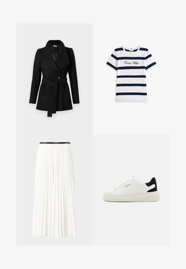 Svart belagd kvinnokappa med breda slag, en knappstängning och metallbeklädnader på bälte och slagspänne.; T-shirt i bomull med horisontella marinblå ränder på vit bakgrund. "Tommy Hilfiger" broderat i kursiv på bröstet. Rund halsringning.; Fälld vit kjol med svart elastiskt midjeband som har "LACOSTE"-logotypen. Mittenlång design med mjuk textur.; Vita lädersneakers med en tjock vit sula, svartsuede hälaccent och präglad logotyp på sidan. Snörningsdesign med sex öglor.