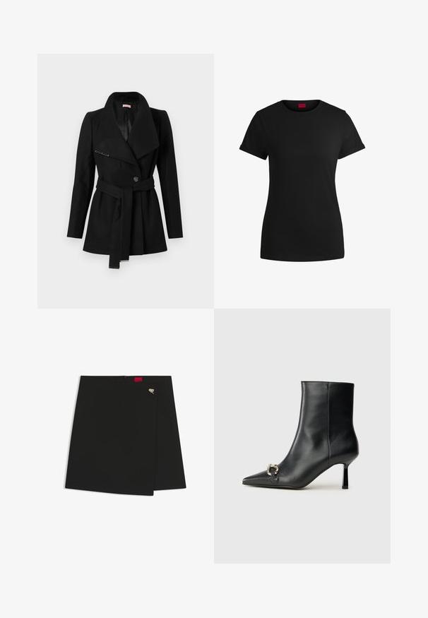 Zwartgemonteerde vrouwenjas met brede revers, één knoopsluiting en metalen accenten op de uiteinden van de riem en het reverspin.; Zwart katoenen T-shirt met korte opgerolde mouwen, een ronde halslijn en een rood label. Glad textuur, aansluitende pasvorm met minimale details.; Zwarte wikkelrok met een gladde structuur, voorzien van een rode logo-tag en een zilveren hardware accent. Eenvoudig ontwerp met een strakke snit.; Zwarte leren enkelboot met spitse neus, slanke middenhoge hak en zilveren gespdetail aan de zijkant op een effen achtergrond.