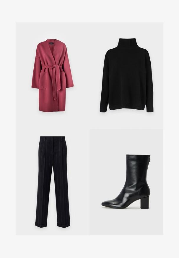 Weekend Max Mara ERIS - Manteau classique - rosa scuro; Pull noir en maille avec un col montant côtelé, des épaules tombantes et une coupe décontractée. Comprend des poignets et un ourlet côtelés pour la texture.; Pantalons noirs à rayures fines avec une coupe ajustée, dotés d'un ourlet à revers et de plis avant. Fabriqués en tissu lisse avec un design structuré.; Bottine en cuir noir avec un bout pointu et un talon carré de 4 cm. Design élégant avec une fermeture éclair sur le côté pour un enfilage facile. Texture lisse.