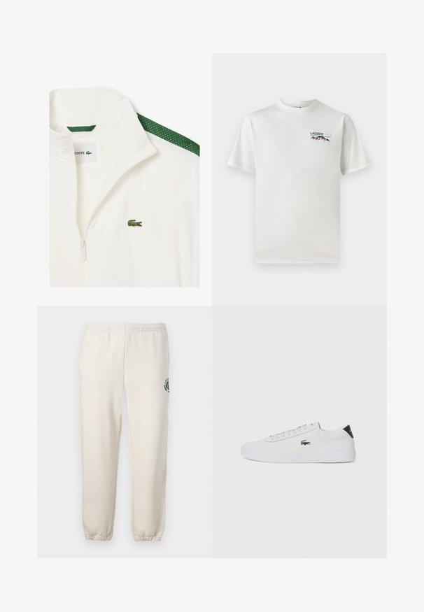 Valge tõmblukuga jakk, mille õlgadel on rohelised võrkdetaile ja rinnal väike roheline krokodillilogo. Kerge materjal.; Valge puuvillane T-särk ümmarguse kaelusega, lühikeste varrukatega ja väikese tikandiga logoga, millel on mäed ja tekst vasakul rinnal.; Heledadbežased püksid, mis on valmistatud puuvillast, varustatud elastse vöökohtaga, soonikute lõpetustega ja vasakul jalal on roheline logo lehe kujundusega.; Valge nahast tenniseking ümara ninaga, lukkude ja musta kontsa aktsendiga. Külgedel on väike broderi krokodilli logo.