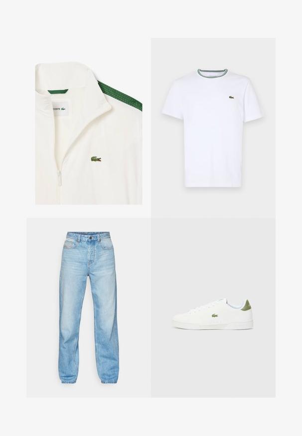 Hvit zip-up jakke med grønne nettingdetaljer på skuldrene og en liten grønn krokodillelogo på brystet. Lett materiale.; Hvit bomulls T-skjorte med korte ermer og ribbet krage som har grønne og svarte striper; liten grønn brodert logo på venstre bryst.; Lys blå jeans laget av denim, med rett snitt, fem-lommers design, og en synlig knappestolpe med kontraststing.; Hvite joggesko med en glatt tekstur, med en grønn detalj på hælen og en liten brodert krokodillelogo på siden.