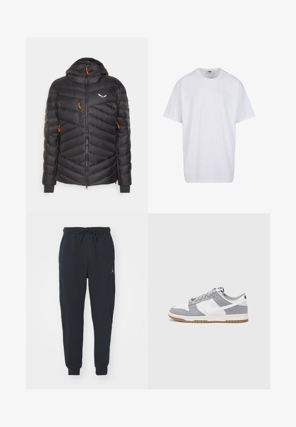 Black puffer jacket with a hood, featuring horizontal and diagonal quilted patterns, orange zipper pulls, and a white logo on the chest.; White cotton t-shirt with short sleeves, rounded neckline, relaxed fit, and no visible logos or patterns. Smooth texture and minimal design.; Black jogger pants made of soft fabric, featuring an elastic waistband with a drawstring, ribbed cuffs, and a small logo on the left thigh.; Nike sneakers feature a gray suede and white leather upper with perforations, round laces, and a gum sole for traction.