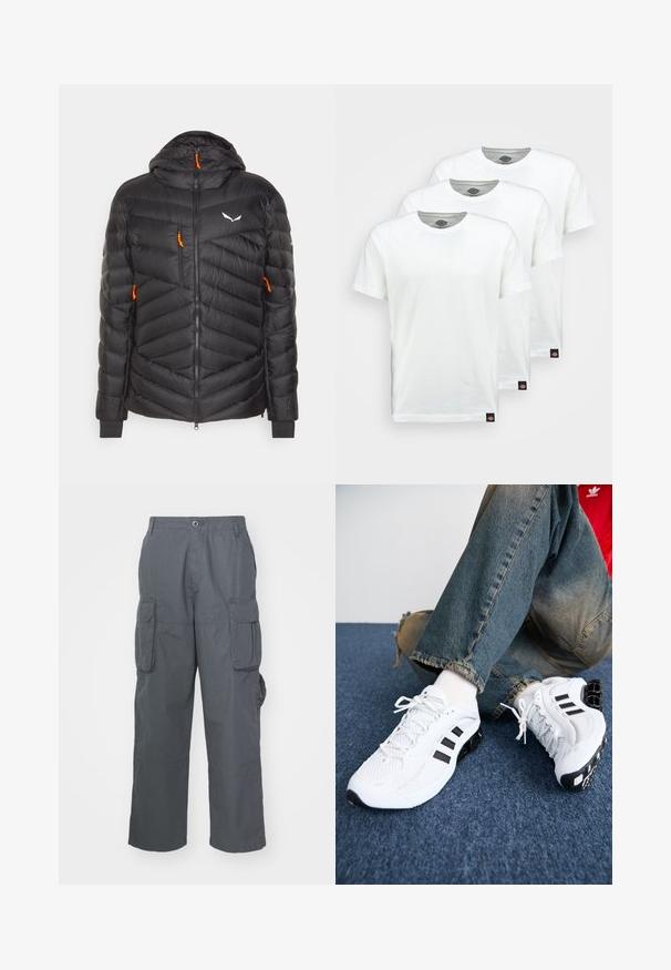 Čierna bundová pufka s kapucňou, ktorá má horizontálne a diagonálne prešívané vzory, oranžové zipsy a biele logo na hrudi.; Tri obyčajné biele bavlnené tričká s krátkym rukávom. Každé tričko má okrúhly výstrih a malú čiernu nálepku s logom na ľavej strane.; Cargo nohavice z tmavosivej látky; obsahujú viacero bočných vreciek, voľný strih a gombíkový zapínanie v páse.; Biele sieťované športové topánky s čiernymi akcentmi, ktoré majú textúrovaný dizajn a charakteristickú podrážku, v kombinácii s modrými džínsami.