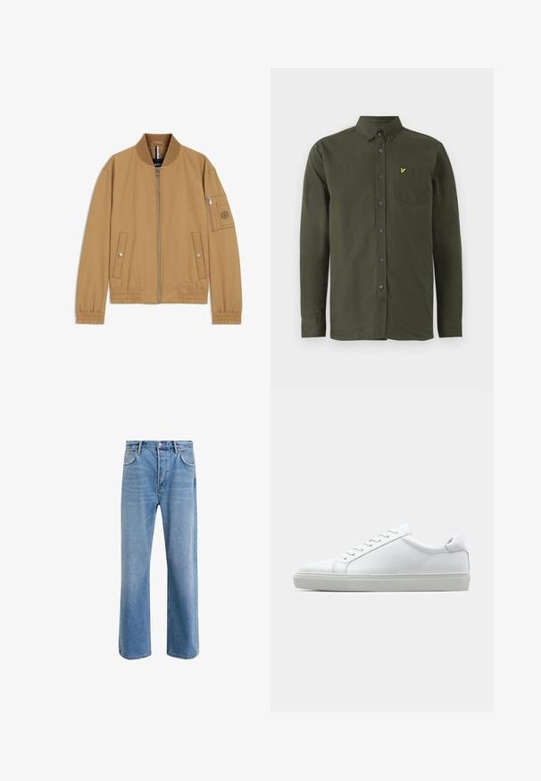 Bež bomber jakna s rebrastim ovratnikom, prednjim patentnim zatvaračem, bočnim džepovima i džepom na rukavu s patentnim zatvaračem na kojem je okrugla logopatch. Glatka tekstura.; Tamnozelena košulja dugih rukava s gumbima, ovratnikom na preklop, džepom na prsima i malim žutim izvezenim logotipom ptice na džepu.; Svijetloplave traperice s ravnim nogavicama, pet džepova, zatvaranjem na gumb, minimalnim izbljeđivanjem i kontrastnim šavovima.; Bijela tenisica s glatkim kožnim gornjim dijelom i niskim profilom. Ima zaobljen vrh, šest rupica za vezanje i teksturiranu gumenu podlogu.