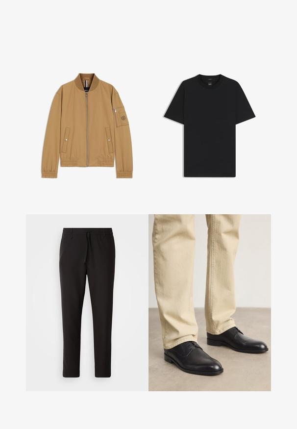 Beige Bomberjacke mit geripptem Kragen, Frontreißverschluss, Seitentaschen und einer Reißverschlusstasche am Ärmel mit rundem Logo-Patch. Glatte Textur.; Schwarz T-Shirt mit kurzen Ärmeln aus einem glatten Baumwollmix, mit Rundhalsausschnitt und einem minimalistischen Design ohne Muster oder Akzente.; Schwarze Jogginghose aus glattem Stoff. Mit einem elastischen Bund und Kordelzug, schmal zulaufenden Beinen und ohne sichtbare Taschen. Einfaches Design.; Schwarze Leder Schnürschuhe mit runder Zehenform, glatter Oberfläche und dezenten Nähdetails, getragen mit hellbeigen Hosen.