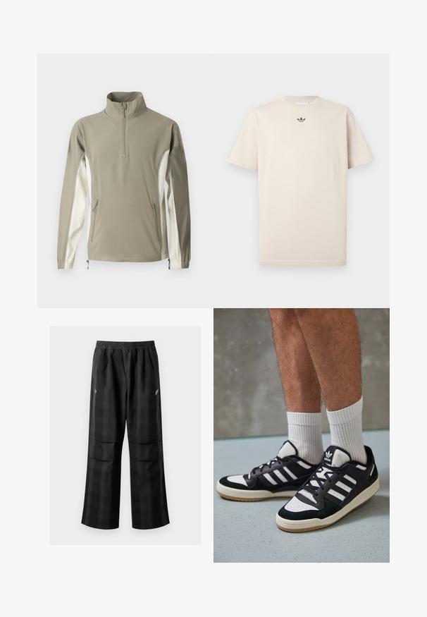 Letvægtstriktrøje i olivengrøn og creme, med høj krave, lynlås, sidelommer, elastiske manchetter og kontrasterende sidepaneler.; Beige bomulds T-shirt med rund hals, korte ærmer og et lille mørkt logo på brystet. Glat tekstur og afslappet pasform.; Sorte ternede bukser med elastisk talje, to forlommer og en løs pasform med lige ben. Fremstillet af letvægtsmateriale.; Sorte og hvide sneakers med en overdel i ruskind og læder, der har tre hvide striber, en perforeret tå og en sål i gummigummi.