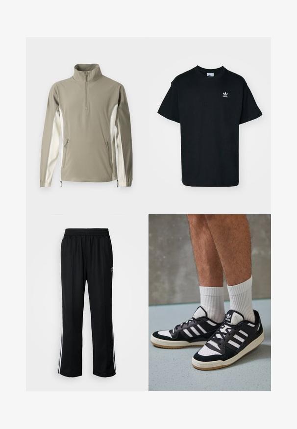 Lengvas megztinis alyvuogių žalios ir grietinėlės spalvų, su aukštu apykakle, užtrauktuku, šoninėmis kišenėmis, elastingomis rankogaliais ir kontrastinėmis šoninėmis skydeliais.; Juodas medvilnės marškinėliai su apvalia iškirpte ir trumpomis rankovėmis, su mažuoju baltu Adidas logotipu kairėje krūtinės pusėje.; Juodi sportiniai keliai su elastingu juosmeniu, su baltais šonais ir mažu logotipu. Atrodo, kad medžiaga yra minkšta ir lengva.; Juodos ir baltos sportinės bateliai su zomšiniu ir odiniu viršumi, su trimis baltomis juostelėmis, perforuota koja ir guminėmis padais.