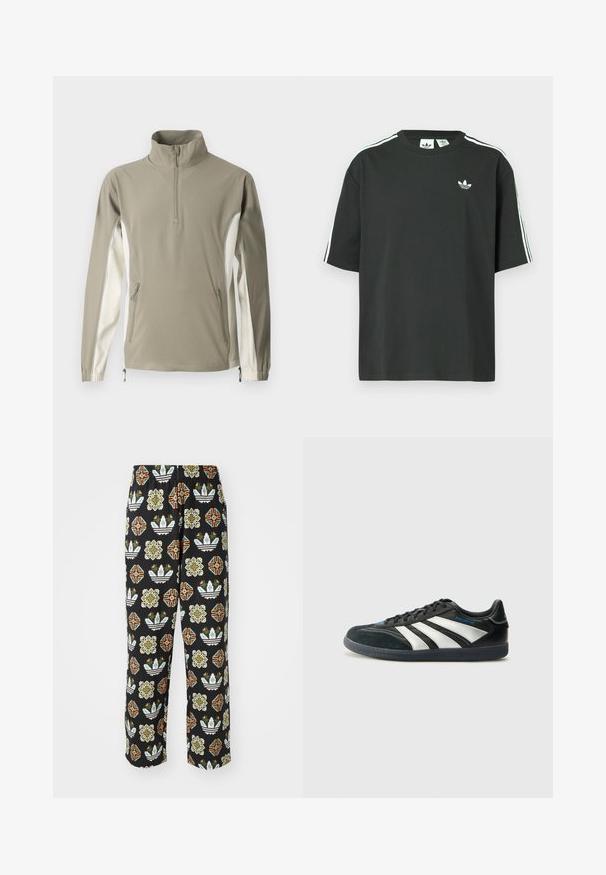 Könnyű pulóver olíva zöld és krém színben, magas gallérral, cipzáras záródással, oldalsó zsebekkel, rugalmas mandzsettaakkal és kontrasztos oldallemezekkel.; Fekete pamutpóló rövid ujjakkal, kerek nyakkivágással és fehér háromcsíkos mintázattal a vállakon. A mellrészen kis fehér logó található.; Fekete nadrág, amely bonyolult mintázattal rendelkezik, különböző formákkal, beleértve virágmintákat és csíkokat narancs, zöld és fehér színekben.; adidas Performance PREDATOR FREESTYLE JUDE INDOOR FOOTBALL SHOES - Beltéri futballcipő - core black/silver-coloured/glory blue