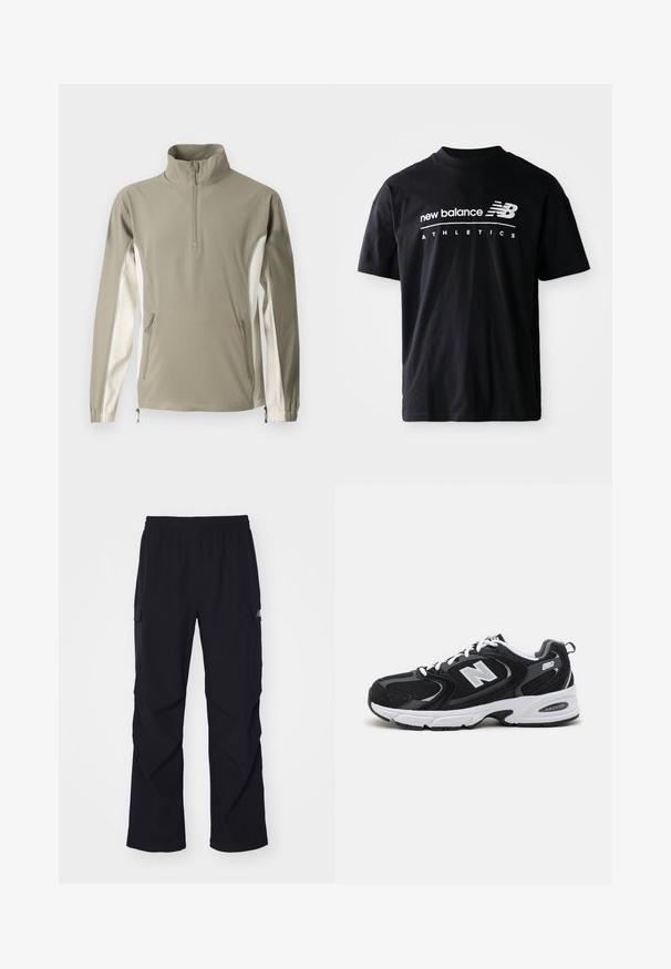 Letvægtstriktrøje i olivengrøn og creme, med høj krave, lynlås, sidelommer, elastiske manchetter og kontrasterende sidepaneler.; Sort bomulds T-shirt med rund halsudskæring, korte ærmer og hvidt tekstgrafik med "new balance" og "ATHLETICS" på forsiden.; Sorte cargo bukser lavet af let materiale, med elastisk talje, sidelommer og lige ben design.; Sorte og grå sportssko med mesh og ruskind på overdelen, der har en hvid mellemsål, snørebånd og et iøjnefaldende "N" logo på siden.