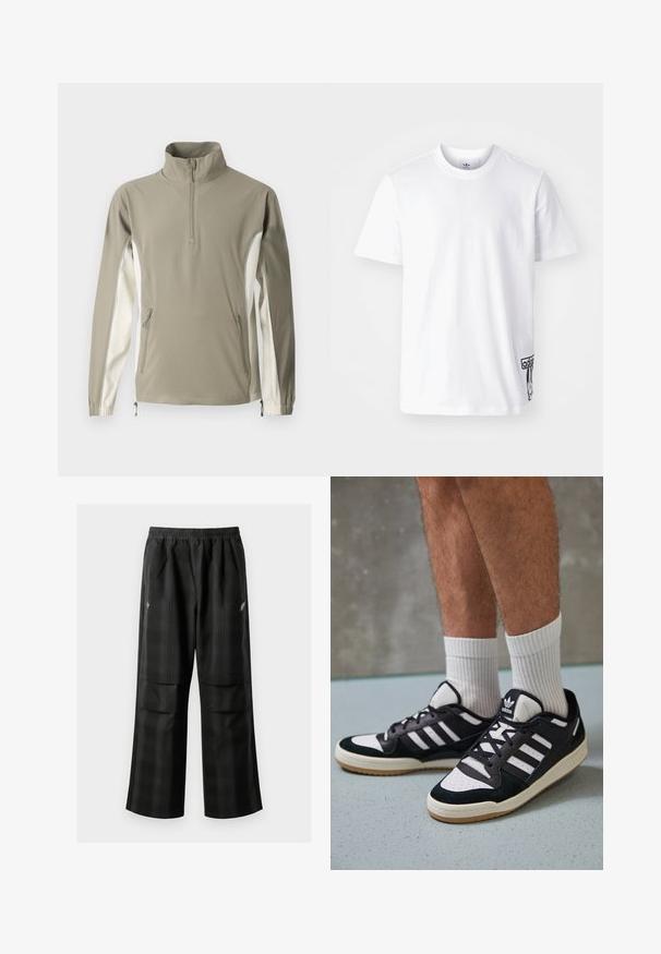 Kerge pullover oliivrohelises ja kreemjas värvis, millel on kõrge krae, tõmblukuga eest, küljetaskud, elastsed varrukad ja kontrastsed külgpaneelid.; Valge puuvillane T-särk lühikeste varrukatega, ümarnee ja must Adidas logoplaat alumises vasakus nurgas. Sile tekstuur.; Mustas ruudulised püksid, millel on elastne vöökoht, kaks esimest taskut ja laiem lõige sirge jala disainiga. Valmistatud kergest materjalist.; Mustvalged ja valged spordijalatsid, mille pealmine osa on valmistatud suede'ist ja nahast. Kingadel on kolm valget riba, auguline varvas ja kummist tald.