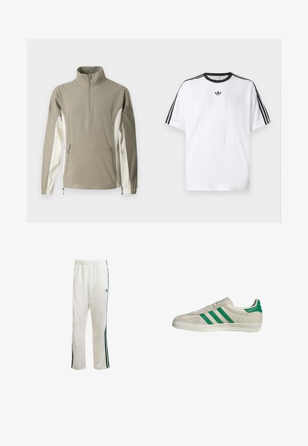 Lichte pullover in olijfgroen en crème, met een hoge kraag, ritsluiting, zijzakken, elastische manchetten en contrasterende zijpanelen.; Witte T-shirt van katoen, met een zwarte ronde halslijn en drie zwarte strepen op elke schouder. Klein zwart logo op de borst.; Witte sportbroek met groene zijkanten, elastische tailleband en een logo aan de bovenkant aan de linkerkant. Gemaakt van lichtgewicht stof.; Beige sneaker met groene strepen, voorzien van een witte zool en een bovenkant van glad leer. Zijaanzicht dat de veters en het logo benadrukt.