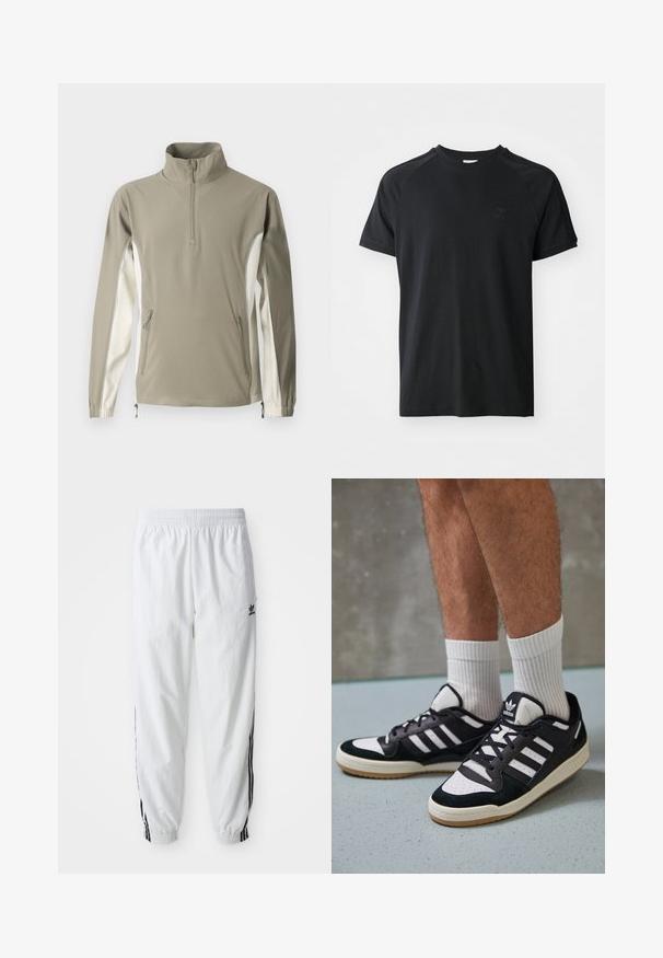 Letvægtstriktrøje i olivengrøn og creme, med høj krave, lynlås, sidelommer, elastiske manchetter og kontrasterende sidepaneler.; Sort bomulds T-shirt med rund hals, korte ærmer og raglan-design. Har et struktureret logo på venstre bryst. Glat finish.; Hvide træningsbukser med sorte sidelister, elastisk talje og manchetter; har Adidas-logoet på venstre lår. Glat stoftekstur.; Sorte og hvide sneakers med en overdel i ruskind og læder, der har tre hvide striber, en perforeret tå og en sål i gummigummi.