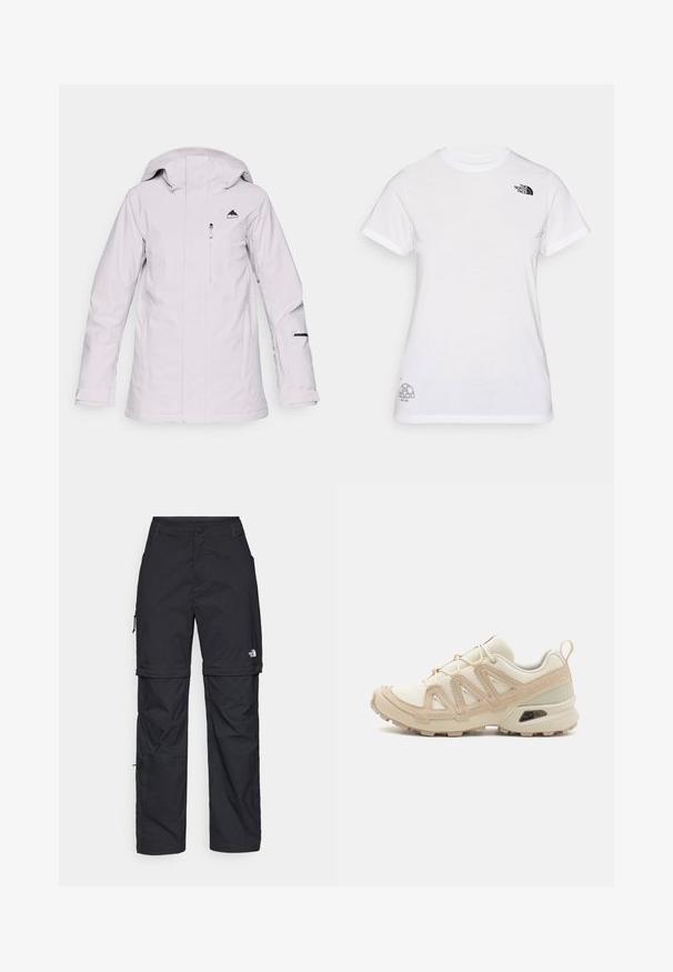 Jasnoszara, wodoodporna kurtka z zamkiem z przodu, regulowanym kapturem i czarnym logo na piersi. Posiada kieszenie na zamek i czarne akcenty.; Biała koszulka bawełniana z czarnym logo na lewej piersi i szarym graficznym wzorem w prawym dolnym rogu. Klasyczny okrągły dekolt i krótkie rękawy.; Czarne nylonowe spodnie cargo z odpinanymi nogawkami, regulowanymi mankietami, wieloma kieszeniami oraz logo na prawej nogawce. Gładka, lekka tekstura.; Beżowe i kremowe buty sportowe z teksturowanej siateczki, wspierającymi nakładkami oraz gumową podeszwą z wzorem bieżnika zapewniającym przyczepność.