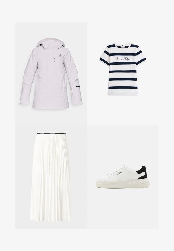 Ljusgrå vattentät jacka med dragkedja fram, justerbar huva och svart logotyp på bröstet. Har dragkedjefickor och svarta detaljer.; T-shirt i bomull med horisontella marinblå ränder på vit bakgrund. "Tommy Hilfiger" broderat i kursiv på bröstet. Rund halsringning.; Fälld vit kjol med svart elastiskt midjeband som har "LACOSTE"-logotypen. Mittenlång design med mjuk textur.; Vita lädersneakers med en tjock vit sula, svartsuede hälaccent och präglad logotyp på sidan. Snörningsdesign med sex öglor.