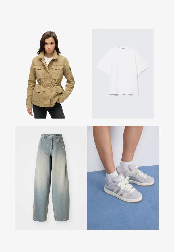 Beige utilityjack met een ritssluiting en drukknoopsluiting, twee borstzakken, trekkoord in de taille en een groen logopatch op de mouw. Geweven katoen.; Witte oversized t-shirt van katoen. Heeft korte mouwen, een ronde hals en subtiele stikseldetails. Merkenlogo op de nek.; Lichtblauwe denim wijde broek met een vervaagde afwerking. Bevat voorzakken, een knoopsluiting en een subtiele logo op de tailleband.; Grijze suède sneakers met witte veters en rubberen zool, met drie diagonale strepen aan de zijkant en een logo patch op de tong.