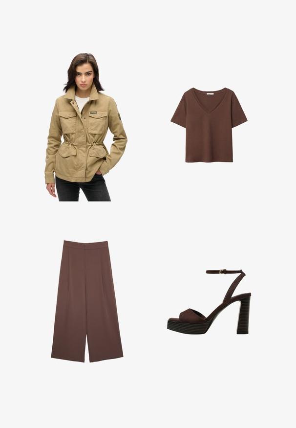 Beige utilityjakke med lynlås og trykknaplukning, to brystlommer, snørredetalje i taljen og grøn logo-patch på ærmet. Vævet bomuldsmateriale.; Brun bomulds t-shirt med korte ærmer og dyb V-hals. Enkel design, blød tekstur og lige kant. Ingen mønstre eller detaljer.; Brune bredbunde bukser med en glat tekstur, der har høj talje og plisseringer foran. Stoffet er let og falder løst.; Brune ruskinds højhælede sandal med åben tå, justerbar ankelrem og en stribet plade sål.