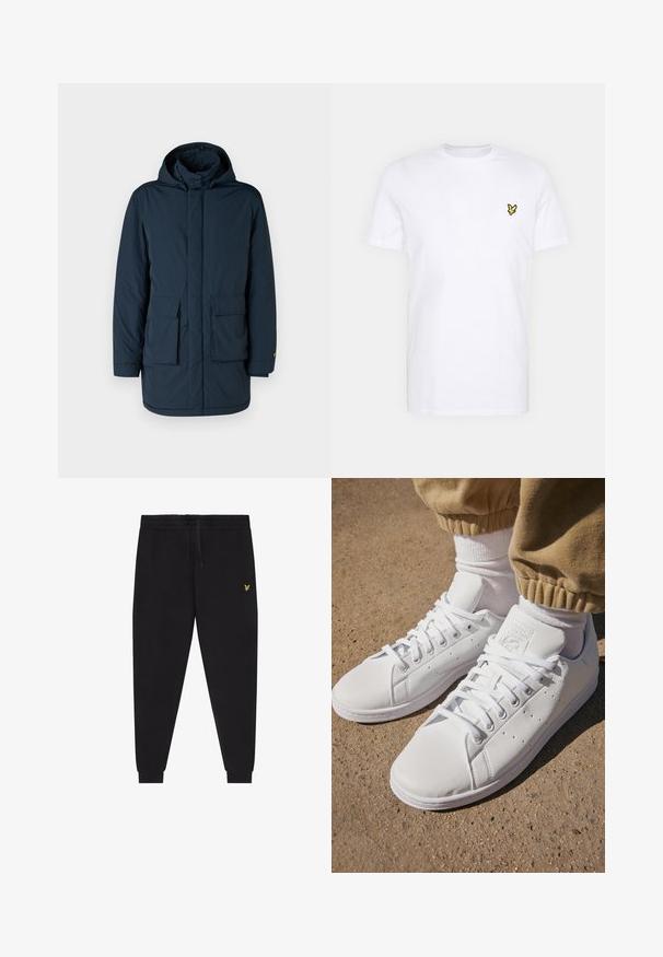 Abrigo acolchado azul marino con capucha, de corte recto, con dos bolsillos frontales y cierre delantero. Textura suave sin patrones visibles.; Camiseta de algodón blanca con un pequeño logo bordado en negro y amarillo en el lado izquierdo del pecho. Mangas cortas y cuello redondo.; Pantalones jogger negros con cintura elástica y cordón, piernas ajustadas con puños y un pequeño logo amarillo bordado en el muslo derecho.; Zapatillas de cuero blanco con superficie lisa, que presentan un diseño clásico de cordones, perforaciones para la transpirabilidad y una suela exterior de goma texturizada.