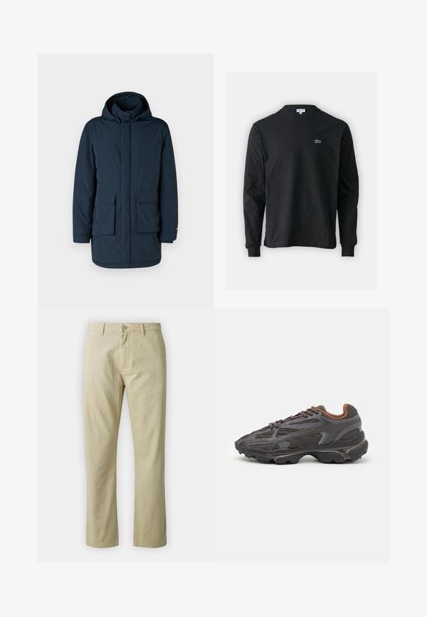 Casaco acolchoado azul-marinho com capuz, apresentando um corte reto, dois bolsos frontais e fecho na frente. Textura lisa sem padrões visíveis.; Camisola preta de manga longa feita de algodão, com decote redondo e um pequeno logótipo de crocodilo bordado em verde no lado esquerdo do peito.; Calças de algodão bejes com um design de perna reta, fecho frontal com botão e passantes para cinto. Textura suave, sem padrões ou detalhes visíveis.; Ténis Lacoste em cinza-escuro com material em malha e sintético, apresentando uma sola texturizada e detalhes castanhos na gola e na marca.
