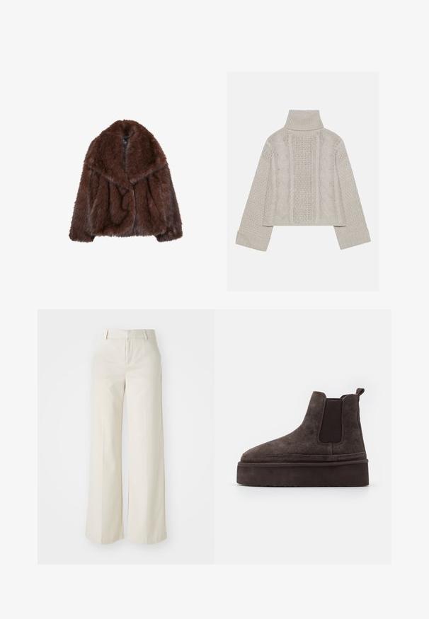 Manteau en fausse fourrure marron avec un large col, coupe ample et texture douce. Présente un design volumineux et sans fermetures visibles.; Pull en tricot gris clair, court, avec un col montant et des poignets côtelés, présentant des motifs en relief en câble sur le dos et sur les côtés.; Pantalons évasés de couleur beige clair, fabriqués dans un tissu lisse. Dotés d'une taille classique et d'un devant plat aux lignes épurées.; Bottes Chelsea en suède marron avec des panneaux latéraux élastiques et une semelle épaisse et texturée. Elles comportent une languette au talon pour un enfilage facile.