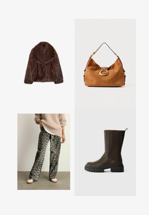 Smeđi kaput od umjetnog krzna s širokim ovratnikom, slobodnim krojem i mekanom teksturom. Ima bujan dizajn i nema vidljivih kopčanja.; Bijela, dugačka, pletiva majica s rebrastim uzorkom, blago brojnim izrezom i ravnim rubom.; Hlače širokih nogavica s uzorkom leopard u mekom materijalu, s elastičnim pojasom i crno-bež shemom boja. Uparene s bež puloverom.; Smeđe kožne čizme do gležnja s elastičnim bočnim panelima, debelim crnim gumenim potplatom i petljom za lako obuvanje. Glatka tekstura i moderni dizajn.; Smeđa suknja sa zaobljenim oblikom, zlatnim metalnim kopčom i kontrastnim crnim obrubom. Ima jednu naramenicu za nošenje.