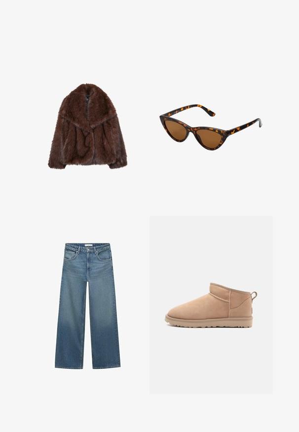 Ruskea tekoturkis takki, jossa on leveä kaulus, löysä istuvuus ja pehmeä pinta. Takissa on runsas muotoilu ja ei näkyviä kiinnityksiä.; Kaksi toppeja: yksi tummanruskea, jonka pinnassa on uritusta ja leveät hihnat, ja toinen off-white, sileästä kankaasta, jossa on samanlainen muotoilu.; Vaaleansiniset leveät farkut, jotka on valmistettu denimistä, keskikorkea vyötärö, kaksi etutaskua ja perinteiset ompeluyksityiskohdat.; Tan suede nilon kaki dengan ujung bulat, tekstur lembut, desain sederhana, dan sol karet profil rendah. Dilengkapi dengan tab tarik di belakang.; Kattöga solglasögon med en svart och orange sköldpaddsmönstrad båge, bruna linser och slanka, spetsiga spetsar. Har en minimal logotyp på skalmen.; Tummanruskea mokkanahkainen käsilaukku, jossa on jämäkkä muoto, varustettuna kahdella ylhäällä olevalla kahvalla ja irrotettavalla hihnalla, jossa on kultasävyinen solki.