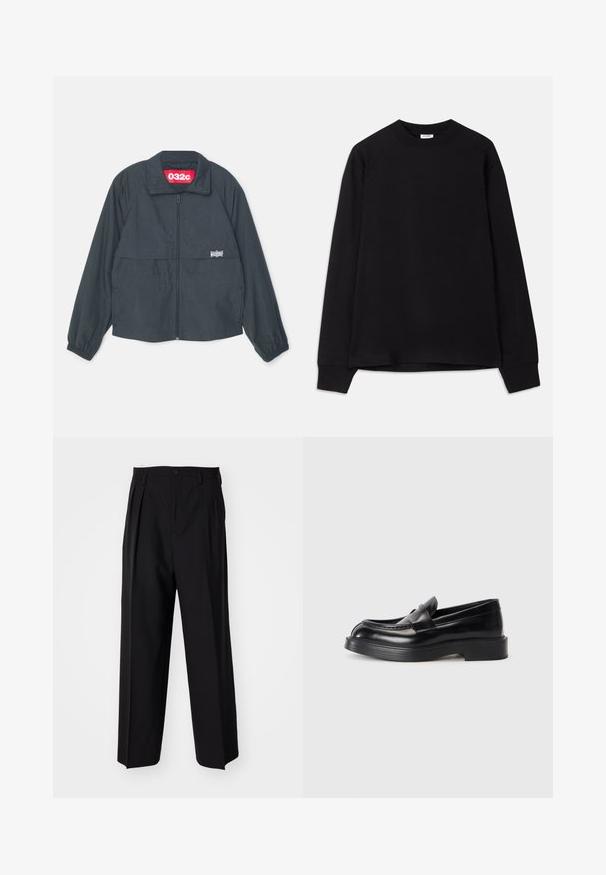 Czarna kurtka zapinana na zamek z wysokim kołnierzem, wyposażona w dwie przednie kieszenie, elastyczne mankiety i czerwoną metkę wewnątrz kołnierza.; Czarna bluzka z długim rękawem, wykonana z miękkiej bawełny. Posiada okrągły dekolt, luźny krój i prążkowane mankiety. Brak widocznych wzorów lub logo.; Czarne plisowane spodnie o prostym, szerokim kroju nogawek. Wykonane z gładkiego materiału, z zapięciem na guzik i pętelkami na pasek.; Czarne skórzane mokasyny z zaokrąglonym noskiem, przeszywaną konstrukcją na cholewce oraz grubą gumową podeszwą. Gładka tekstura z minimalnymi akcentami.