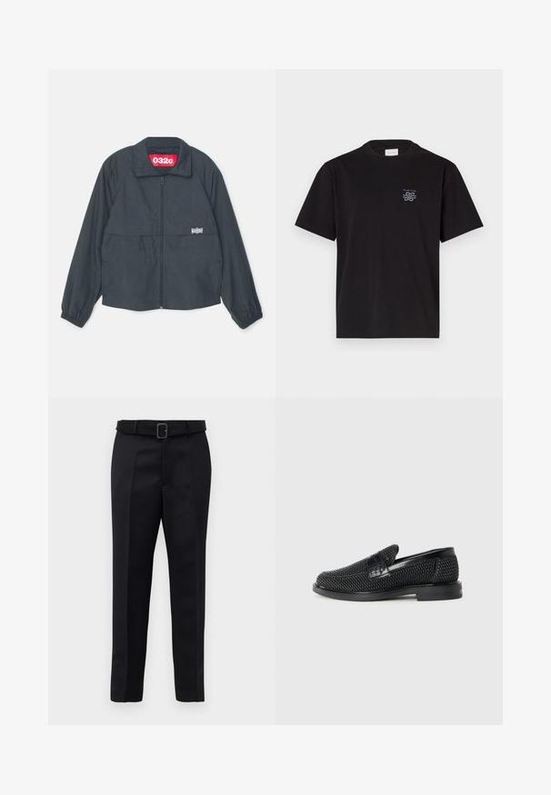 Musta vetoketjullinen takki korkealla kauluksella, jossa on kaksi etutaskua, joustavat hihansuut ja punainen etiketti kauluksen sisäpuolella.; Mustikka puuvillapaita, jossa on pyöreä kaula-aukko ja lyhyet hihat. Vasemmassa rinnassa pieni sininen logo. Yksinkertainen, suora leikkaus.; Mustat räätälöidyt housut on valmistettu sileästä kankaasta, niissä on suora leikkaus ja vyötäröllä solki, jossa on suorakulmainen muoto. Huomattavat etu taitteet parantavat muotoilua.; Musta kudottu liukupohjallinen kenka, jossa on sileä nahkakorostus päällisessä, pyöreä kärki ja matala kumipohja.