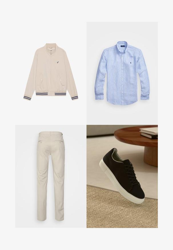 Beige lichtgewicht jas met hoge kraag, ritsluiting, twee voorvakken en marineblauwe gestreepte accenten op de mouwen en onderkant. Voorzien van geborduurd logo.; Blauw-wit gestreept overhemd met lange mouwen van katoen, met een button-down kraag, knopen aan de voorkant en een klein geborduurd logo op de borst.; Beige broek met een gladde textuur, rechte snit, twee achterzakken met knopen en een standaard tailleband.; Zwarte sneaker met witte zool die boven een beige gestructureerd tapijt zweeft, nabij een ronde houten tafel met gestapelde boeken.