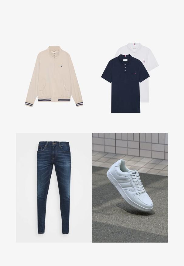 Beige lichtgewicht jas met hoge kraag, ritsluiting, twee voorvakken en marineblauwe gestreepte accenten op de mouwen en onderkant. Voorzien van geborduurd logo.; Twee polo shirts: één marineblauw en één wit, beide met een kleine rood, wit en blauwe accent op de borstzak en kraag.; Donkerblauwe denim jeans met een slim fit, subtiele vervaging, vijf zakken en een metalen knoopsluiting. Gestikte accenten in contrasterende kleur.; Witte sportsneaker met een glad leren bovenwerk, vetersluiting aan de voorkant, geperforeerde neus en een geprofileerde zool. Minimalistisch ontwerp met drie zijstrepen.