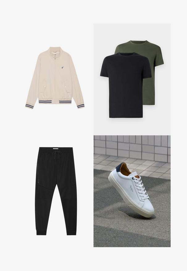 Veste légère beige avec un col montant, fermeture éclair, deux poches avant et des accents rayés bleu marine aux poignets et à l'ourlet. Présente un logo brodé.; Deux t-shirts col ras du cou en noir et vert olive, fabriqués en coton doux. Le design est simple avec des manches courtes et une coupe droite.; Pantalons de sport noirs en tissu texturé, dotés d'une taille réglable, d'une poche latérale zippée et de chevrons resserrés.; Sneaker en cuir blanc avec un talon bleu marine, bout rond et accents marron contrastés. Dispose de lacets plats et d'une semelle en caoutchouc texturée.