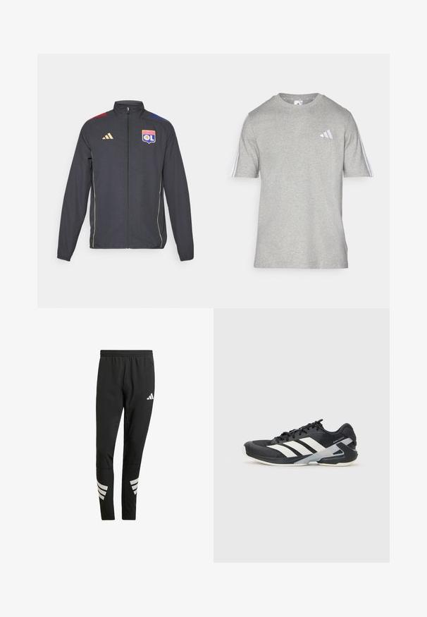 Zwarte sportjack met gouden accenten, voorzien van een volledige rits, hoge kraag en blauw-rode horizontale strepen op de schouders. Logo van Olympique Lyonnais.; Grijze t-shirt met korte mouwen van een katoenmix, met een ronde hals. Voorzien van drie witte strepen op elke schouder en een klein logo.; Zwarte sportbroeken met een elastische tailleband, voorzien van reflecterende witte accenten in een gestreept patroon op de onderbenen. Gemaakt van een gladde stof.; Zwarte sportschoen met witte strepen, bovenwerk van mesh, ronde neus en geveerde zool. Heeft een getextureerde hak en een veilig vetersysteem.