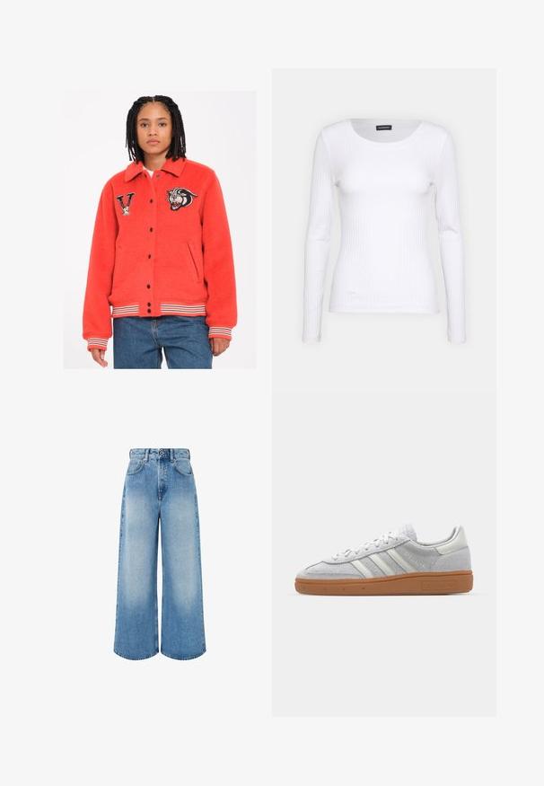 Giacca di pile rossa con colletto, bottoni a pressione neri, tasche laterali e polsini a righe. Presenta toppe ricamate con una tigre e la lettera "V".; Top a maniche lunghe bianco con collo rotondo. Realizzato in un tessuto elasticizzato che si adatta al corpo. Presenta delle sottili righe orizzontali.; Jeans a gamba larga di colore azzurro chiaro in denim, con vita alta, chiusura con bottone e leggera scoloritura con orli puliti.; Sneaker in camoscio grigio chiaro con accenti in pelle bianca, tre strisce bianche e suola in gomma marrone, dotato di collo imbottito per il massimo comfort.