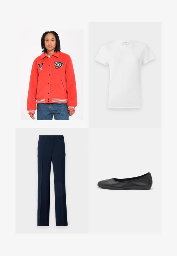 Rote Fleecejacke mit Kragen, schwarzen Druckknöpfen, Seitentaschen und gestreiften Bündchen. Mit gestickten Tiger- und Buchstaben-"V"-Aufnähern.; Weißes Baumwoll-T-Shirt mit Rundhalsausschnitt und kurzen Ärmeln, das einen lockeren Sitz und ein minimalistisches Design aufweist. Etikett am Hals sichtbar.; Marineblaue Hose aus glattem Stoff, mit einem geraden Bein-Design, Vorderfalten und Seitentaschen für einen maßgeschneiderten Look.; Schwarze Leder-Ballettschuhe mit abgerundeter Spitze, glatter Textur, minimalen Nähdetails und einem flexiblen Sohlen-Design.